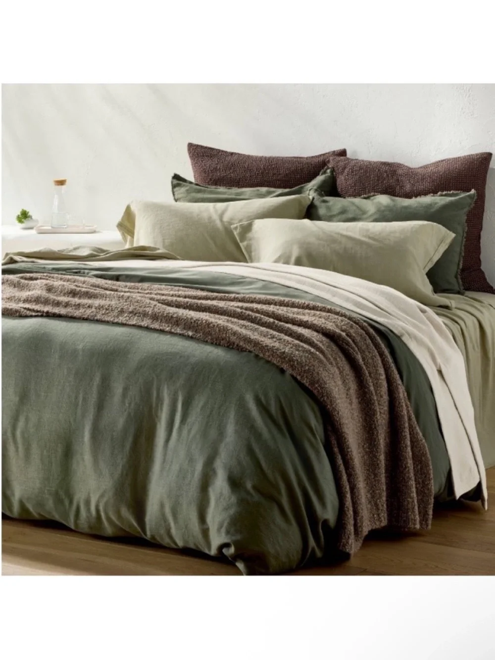 NWT Full/Queen Heavyweight Linen Blend Duvet Cover and Sham Set Olive Green